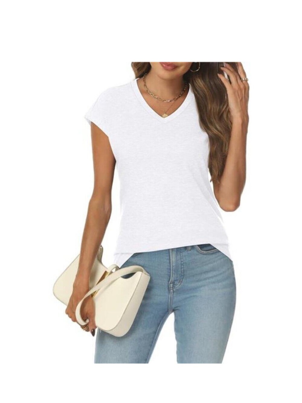 Women’s V Neck White T-Shirt – Basic Business Casual Top with Very Short Sleeves